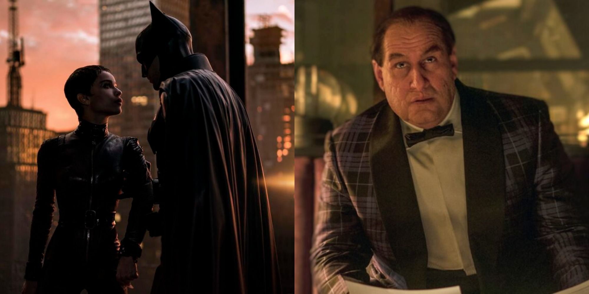 Split image showing Catwoman and Batman and Penguin in The Batman.